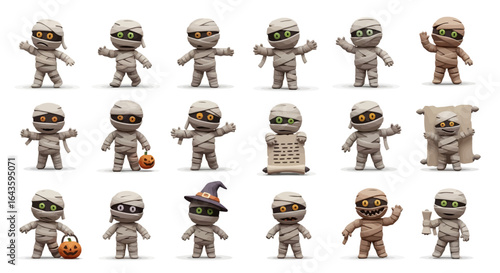 Halloween Icons Set of Playful 3D Mummy Mascots A Diverse Character Collection for Halloween Fun. Vector Illustrations. EPS Editable