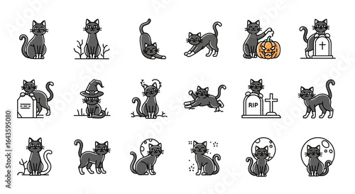 Halloween Icons Set of Playful Black Cat Halloween Icon Set with Spooky Gravestones and Pumpkins. Vector Illustrations. EPS Editable