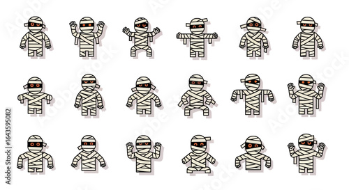 Halloween Icons Set of Playful Cartoon Mummy Character Set in Dynamic Poses for Halloween. Vector Illustrations. EPS Editable