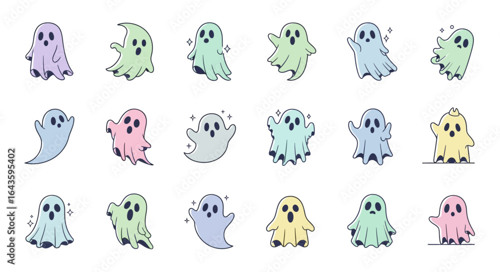 Fototapeta premium Halloween Icons Set of Set of Cute Kawaii Ghosts in Pastel Colors Spooky Halloween Character Illustrations. Vector Illustrations. EPS Editable
