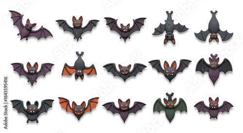 Halloween Icons Set of Spooky and Cute 3D ClaymationStyle Halloween Bats Character Collection. Vector Illustrations. EPS Editable