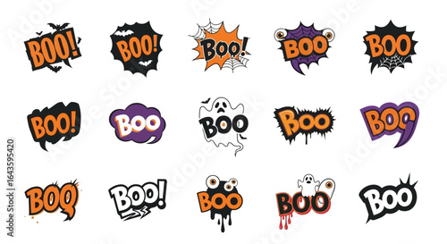Halloween Icons Set of Spooky and Playful BOO Halloween Typography Collection with Cartoon Icons. Vector Illustrations. EPS Editable