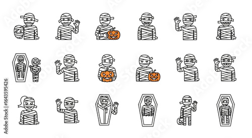 Halloween Icons Set of Spooky and Playful Mummy Character Icon Set Line Art Illustrations for Halloween. Vector Illustrations. EPS Editable