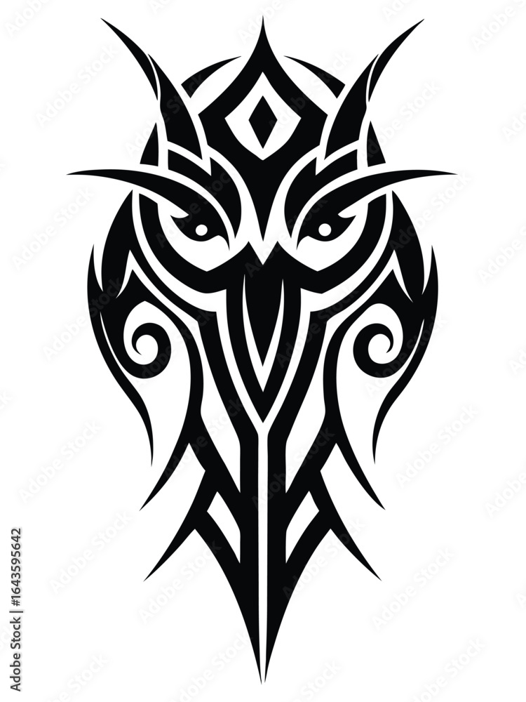 Fototapeta premium Stylized Tribal Owl Tattoo Design Depicting Wisdom and Mystery in Bold Black Ink on a White Background