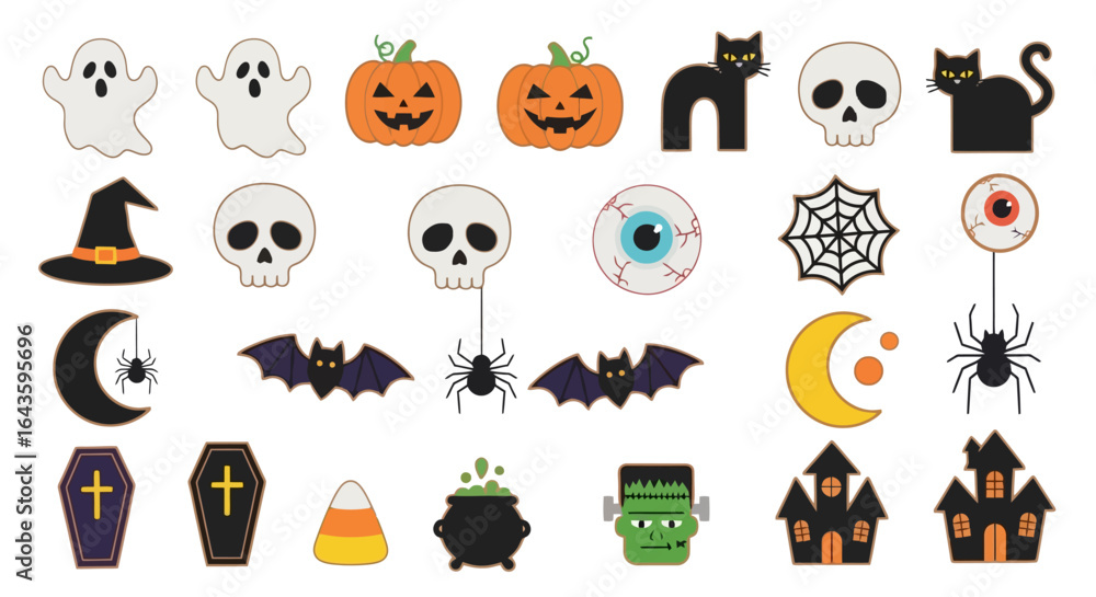 Obraz premium Halloween Icons Set of Spooky Cute Halloween Icon Collection A Festive Assortment of Cartoon Symbols. Vector Illustrations. EPS Editable