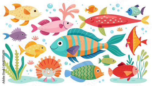 Vector art of an assortment of diverse and colorful cartoon fish swimming in a vibrant underwater scene with plants and bubbles, isolated on a white background