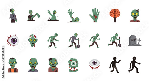 Halloween Icons Set of Spooky Cartoon Zombie Icon Collection Undead Characters and Gory Elements. Vector Illustrations. EPS Editable