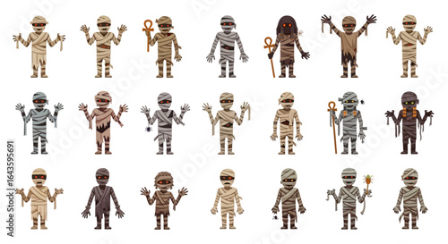 Halloween Icons Set of Spooky Cartoon Mummy Collection Diverse Characters with Glowing Eyes and Ancient Egyptian Props. Vector Illustrations. EPS Editable