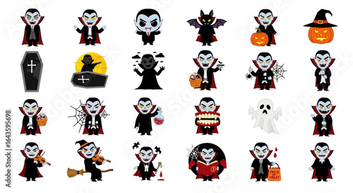 Halloween Icons Set of Spooky Cute Cartoon Vampire Collection Diverse Dracula Poses for Halloween. Vector Illustrations. EPS Editable
