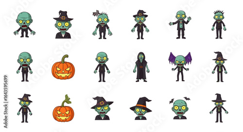 Halloween Icons Set of Spooky Cute Halloween Character Set Cartoon Zombies and JackoLanterns. Vector Illustrations. EPS Editable