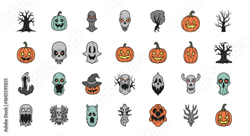 Halloween Icons Set of Spooky HandDrawn Halloween Icon Set with Ghosts Skulls and JackoLanterns. Vector Illustrations. EPS Editable