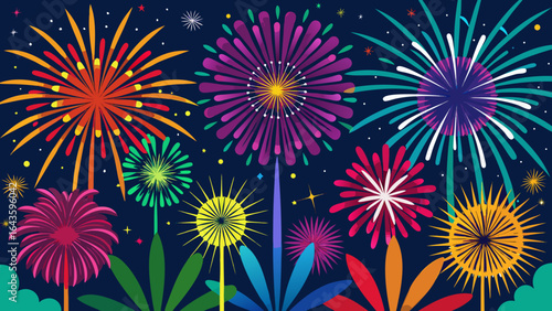 Vector art of a vibrant and colorful fireworks display illuminates the dark night sky, creating a festive atmosphere for a celebration or holiday event