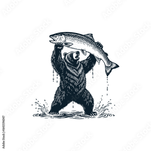 engraving style logo depicts a powerful bear catching and lifting a salmon with precision and strength
