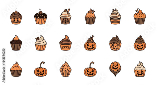 Halloween Icons Set of Spooky Sweet A Collection of Halloween Cupcake and JackoLantern Illustrations. Vector Illustrations. EPS Editable