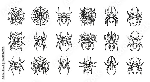 Halloween Icons Set of Spooky Spider and Cobweb Icon Set Diverse Collection of Modern Line Art Illustrations. Vector Illustrations. EPS Editable