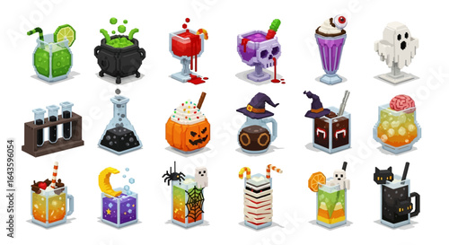 Halloween Icons Set of Spooky Pixel Art Halloween Potions and Cocktails An Isometric Collection of Ghoulish Drinks. Vector Illustrations. EPS Editable