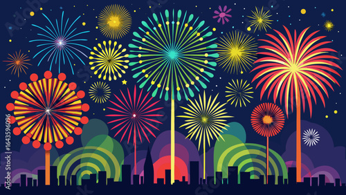Vector art of a spectacular fireworks show lights up the night sky above a city skyline, marking a joyous celebration or holiday event with vibrant bursts of color