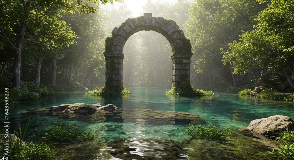 Fototapeta premium Enter a hidden realm through ancient stone archway beside serene emerald forest river