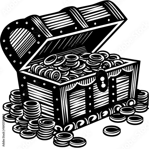 Black and white illustration of an open treasure chest overflowing with stacks of coins and scattered around it