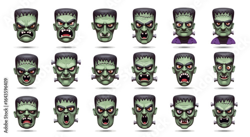 Halloween Icons Set of The Many Faces of Frankenstein A 3D Rendered Collection of Monstrous Expressions. Vector Illustrations. EPS Editable