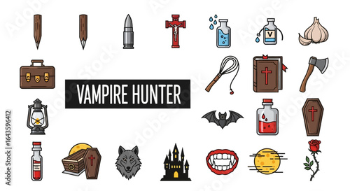 Halloween Icons Set of Vampire Hunters Illustrated Arsenal A Gothic Icon Collection. Vector Illustrations. EPS Editable