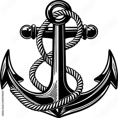 Classic black and white nautical anchor with thick rope wrapped around its shank and arms
