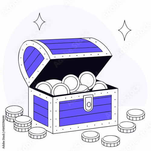 Open treasure chest filled with coins and scattered coins around it with sparkles