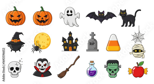 Halloween Icons Set of Vibrant Cartoon Halloween Icon Set Spooky Characters and Festive Symbols on White. Vector Illustrations. EPS Editable