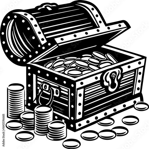 Open treasure chest overflowing with gold coins and stacks of money scattered around it