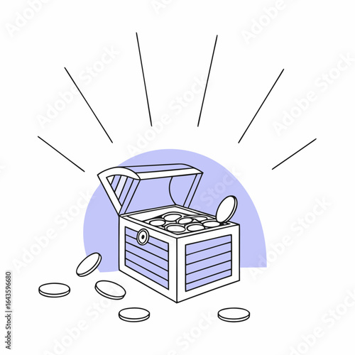 Open treasure chest overflowing with gold coins and radiating light on a white background