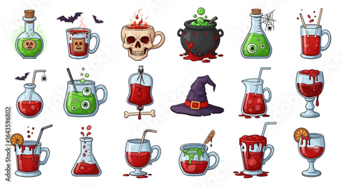 Halloween Icons Set of Vibrant Cartoon Set of Spooky Halloween Potions Cocktails and Witchcraft Elements. Vector Illustrations. EPS Editable