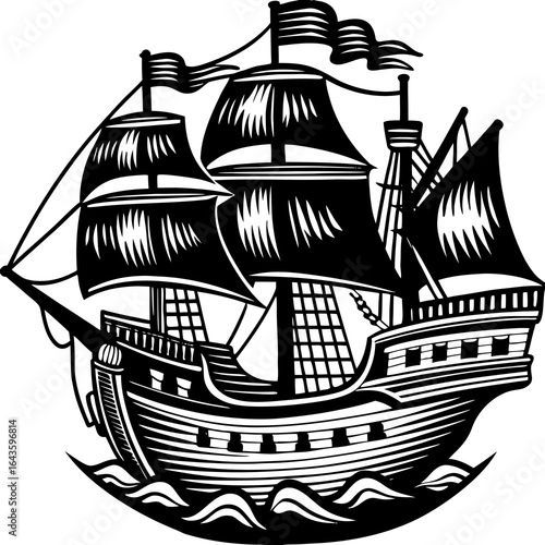 Stylized black and white illustration of a majestic tall ship sailing on wavy seas