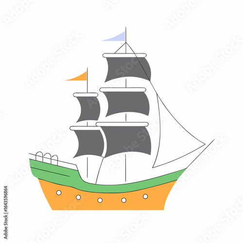 Stylized illustration of a colorful sailing ship with dark sails and flags on a white background