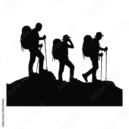 Silhouettes of three hikers with backpacks and trekking poles on a mountain ridge