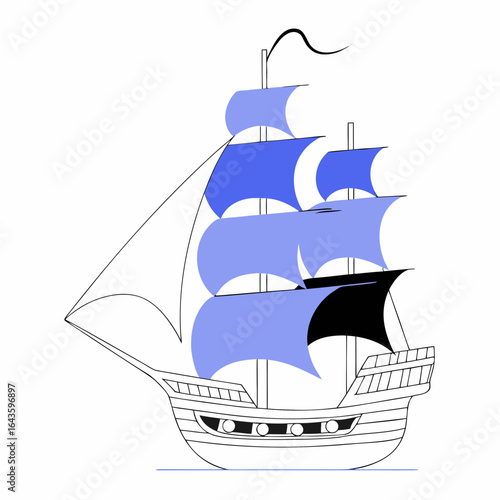 Stylized illustration of a majestic sailing ship with blue and black sails on a white background