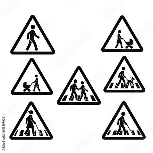 Vector Icon Set of Diverse Pedestrian Crossing Warning Traffic Signs