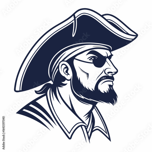 Stylized profile illustration of a fierce pirate captain wearing a tricorn hat and an eyepatch