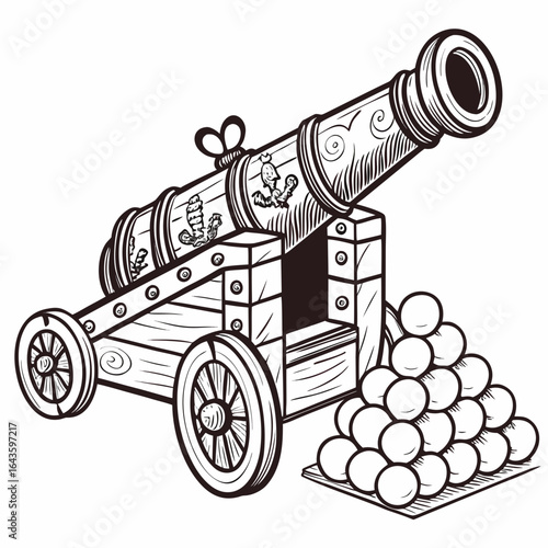 Vintage black and white illustration of an antique cannon with cannonballs and decorative carvings