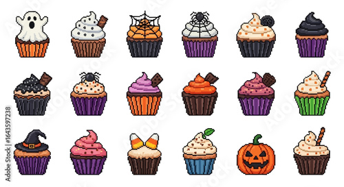 Halloween Icons Set of Vibrant Pixel Art Collection of Spooky Halloween Themed Cupcakes. Vector Illustrations. EPS Editable
