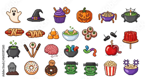 Halloween Icons Set of Vibrant Retro Halloween Pixel Art Set with Spooky Treats and Monsters. Vector Illustrations. EPS Editable