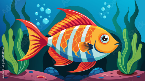 Vector art of a striking orange and blue striped fish gracefully swims through a deep blue underwater world, surrounded by green aquatic plants and scattered pebbles