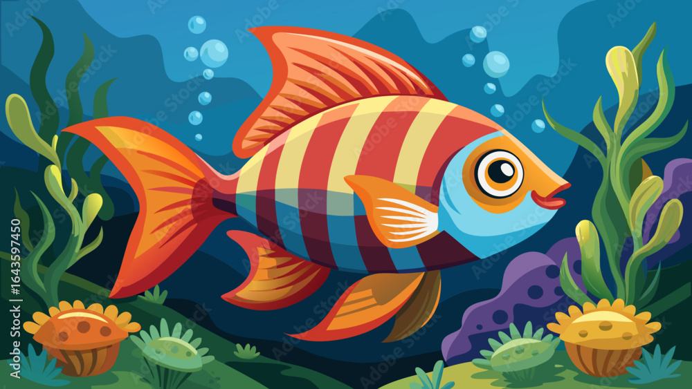 Naklejka premium Vector art of a vibrant and colorful striped fish swims gracefully through a lively underwater scene filled with aquatic plants and bubbles, creating a cheerful and serene marine environment