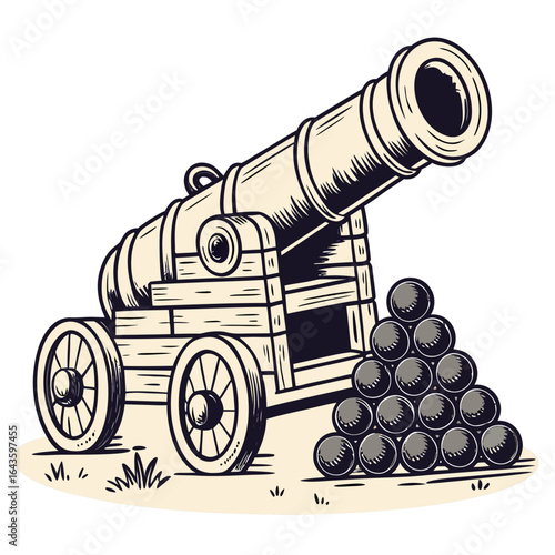 Vintage style illustration of an antique cannon with a pile of cannonballs on a grassy field