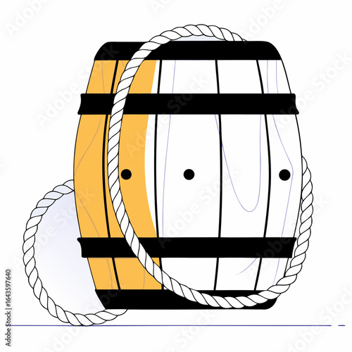 Wooden barrel with thick rope wrapped around it on a white background
