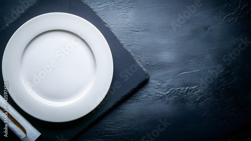 Empty White Plate on Dark Stone Background Food Photography Mockup