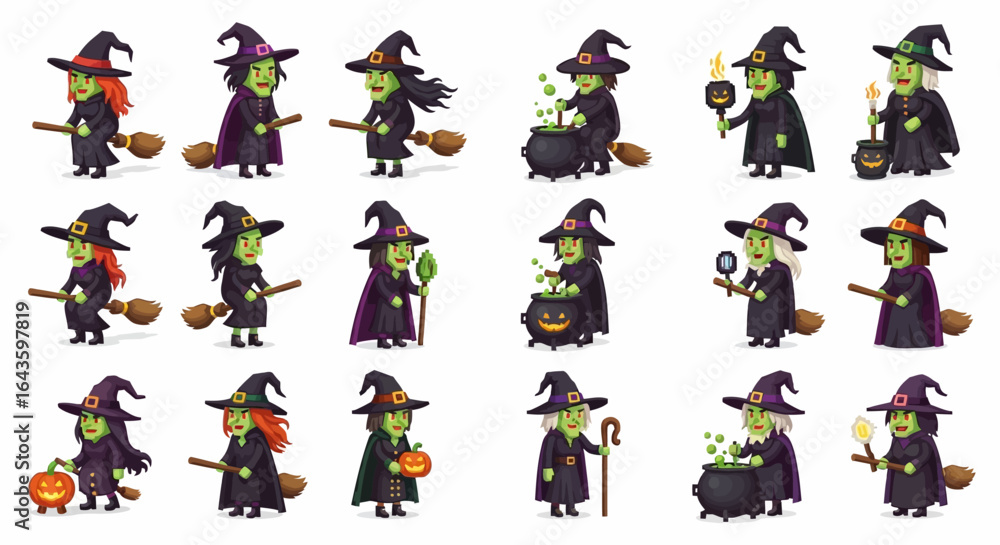 Fototapeta premium Halloween Icons Set of A Coven of Stylized Green Witches Halloween Character Design Set. Vector Illustrations. EPS Editable