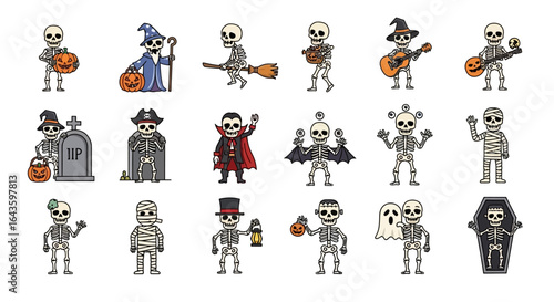 Halloween Icons Set of Whimsical Skeleton Crew A Colorful Halloween Character Set in Various Costumes. Vector Illustrations. EPS Editable