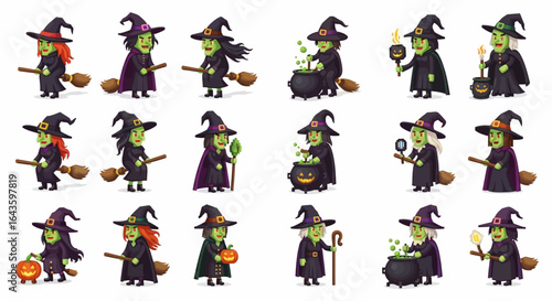 Halloween Icons Set of A Coven of Stylized Green Witches Halloween Character Design Set. Vector Illustrations. EPS Editable