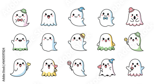 Halloween Icons Set of A Cheerful Collection of Fifteen Kawaii Ghosts with Pastel Accessories and Playful Expressions. Vector Illustrations. EPS Editable