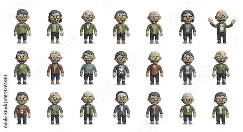 Halloween Icons Set of A Diverse Horde of Stylized 3D Cartoon Zombie Characters in a Grid Array. Vector Illustrations. EPS Editable